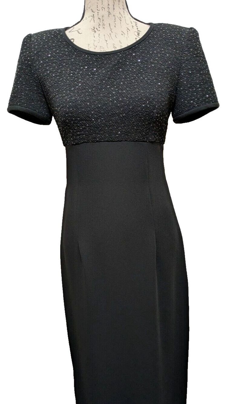 DW3 David Warren Dress 4 Black Sheath Midi Sparkle Bodice Solid Skirt Vintage